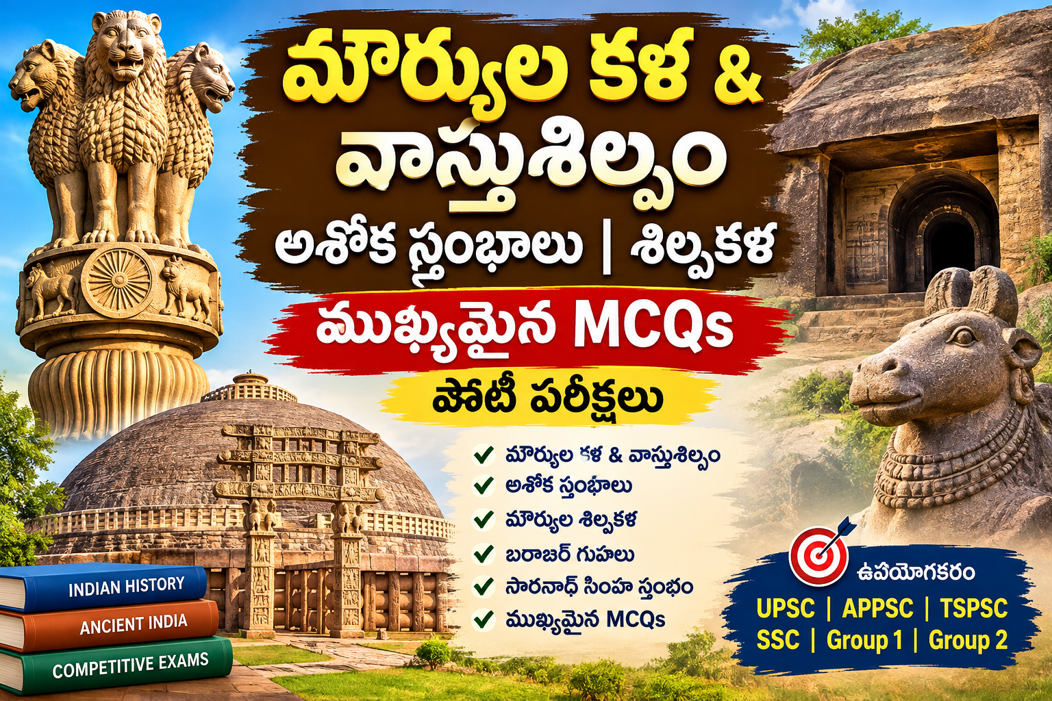 మౌర్యుల కళ, వాస్తుశిల్పం, అశోక స్తంభాలు మరియు శిల్పకళపై పరీక్షోపయోగి విశ్లేషణతో కూడిన ముఖ్యమైన MCQs: