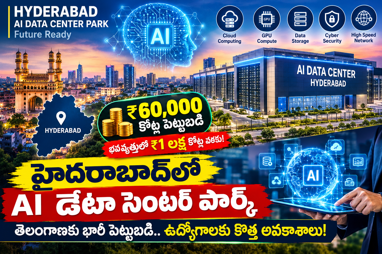 🌆 హైదరాబాద్‌లో ₹60,000 కోట్ల AI డేటా సెంటర్.. తెలంగాణకు భారీ పెట్టుబడి!