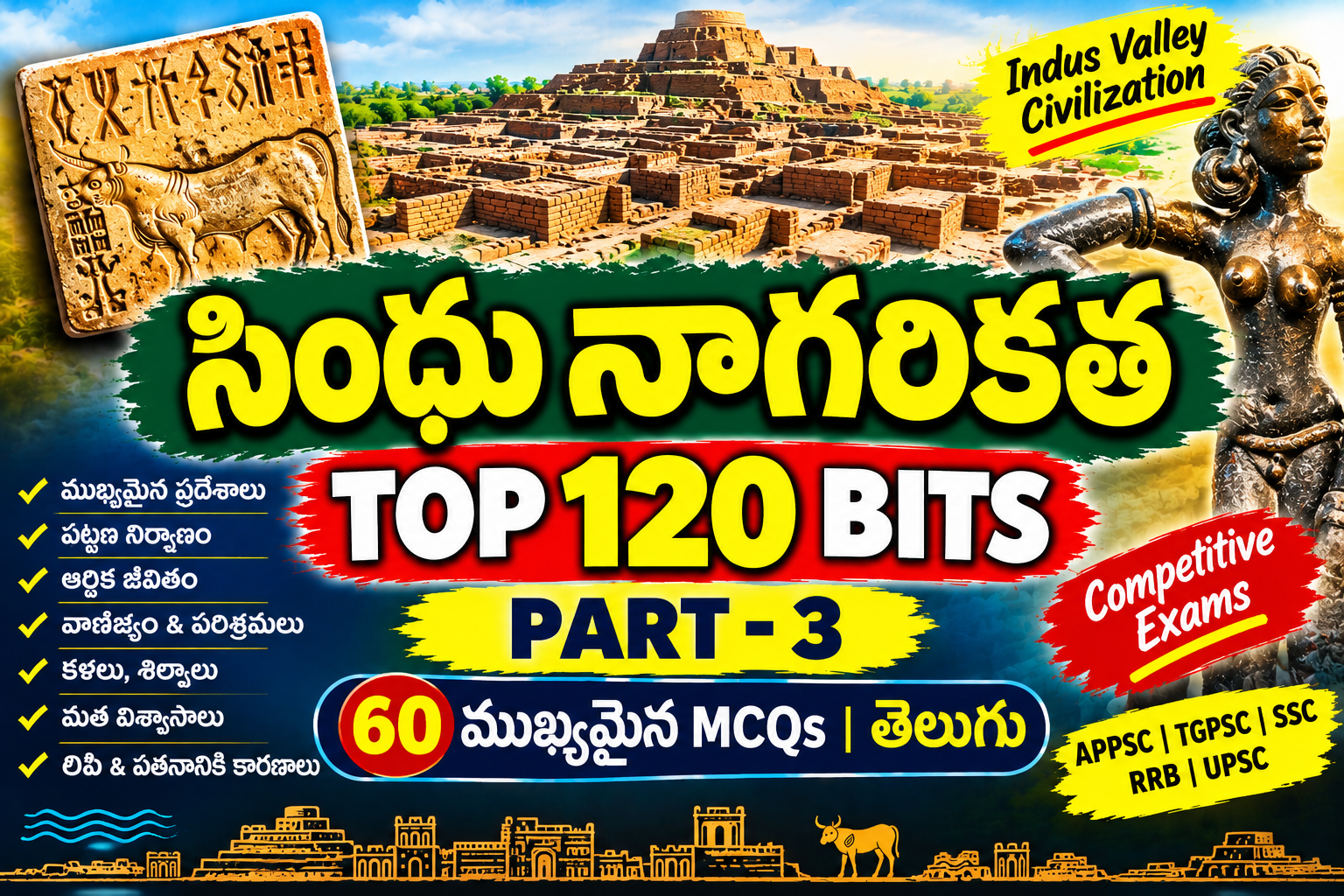 ప్రాచీన భారతదేశ చరిత్ర – సింధు నాగరికత TOP 120 MCQ’S PART 3