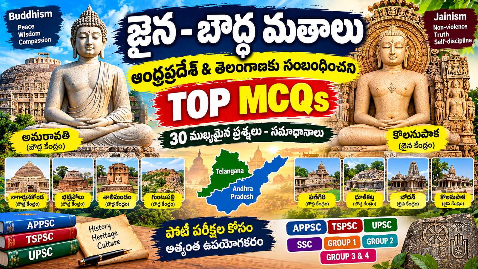 జైన బౌద్ధ మతాల ఆంధ్ర ప్రదేశ్, తెలంగాణ కి సంబంధించిన TOP MCQ’S