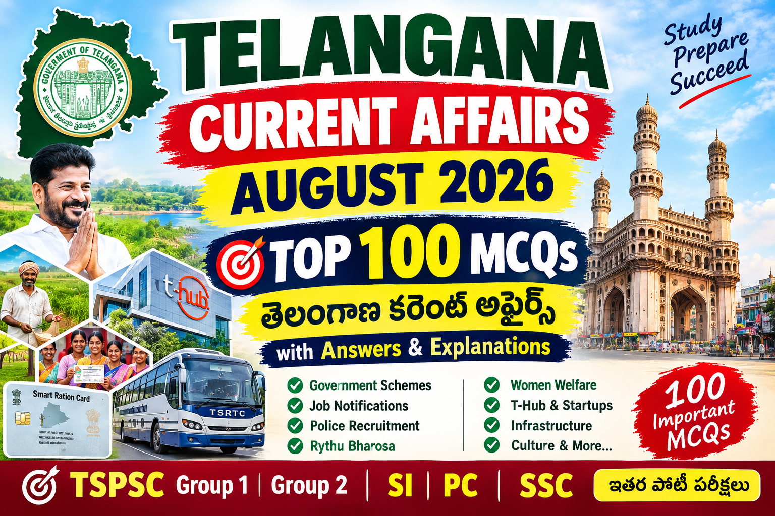 TELANGANA AUGUST MONTH TOP 100 CURRENT AFFAIRS BIT BANK